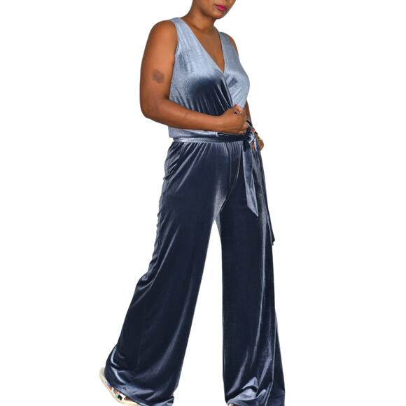 Samantha Dru Flare Jumpsuit Blue Wrap Belt Velour Velvet Wide Leg Pantsuit Small - Picture 2 of 15